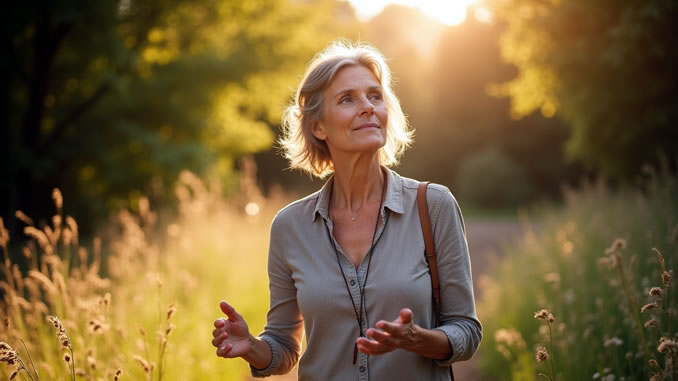 medial eine Frau im Wald