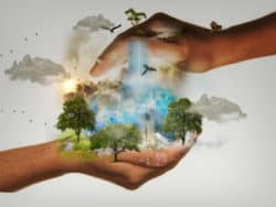 Zukunftschancen mit spiritueller Intelligenz schuetzend haende nature conservation