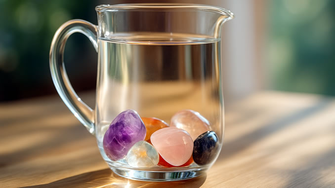 Edelsteinwasser im Glas im Sonnenlicht