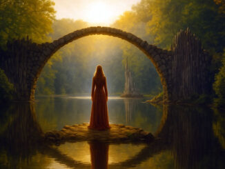 Unendliches Selbst Brücke über Wasser mit Frau