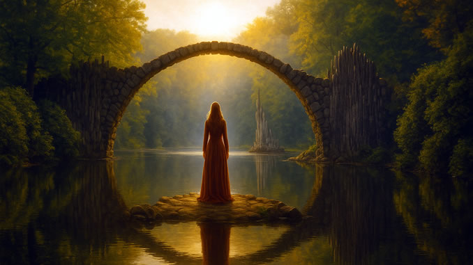 Unendliches Selbst Brücke über Wasser mit Frau