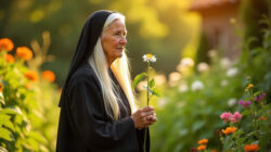 Hildegard von Bingen beschäftigt sich im Garten mit Kräutern