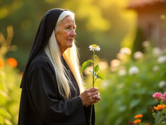 Hildegard von Bingen beschäftigt sich im Garten mit Kräutern