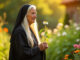 Hildegard von Bingen beschäftigt sich im Garten mit Kräutern
