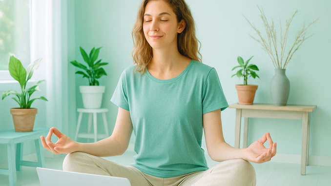 Digitaler Stress gelöst von einer Frau in Meditation