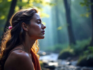 eine Frau sitzt still im Wald