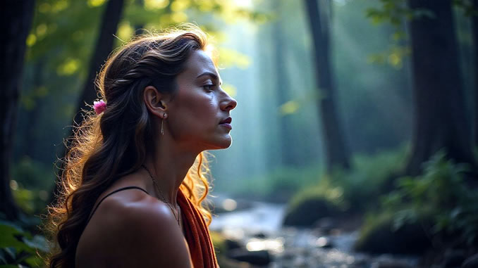 eine Frau sitzt still im Wald