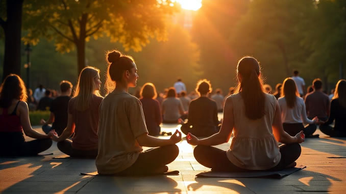 Eine Gruppe von Menschen meditiert gemeinsam im Park