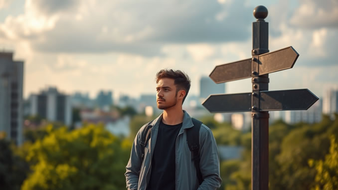 In der eigenen Wahrheit stehen fragt sich ein Mann vor einem Wegweiser