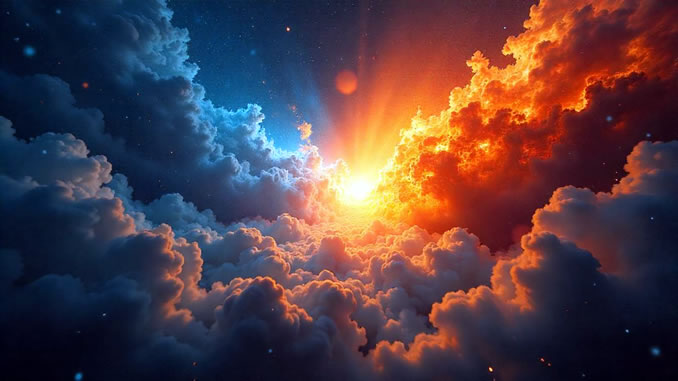 himmlische Wolken in blau und rot mit Sonne