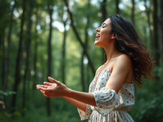 Gesundheit ist Kopfsache eine Frau singend im Wald