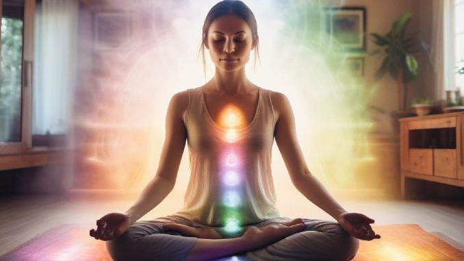 Frau mit Chakren in Meditation
