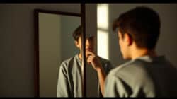 Doppelmoral symbolisiert anhand einer Person, die in den Spiegel schaut