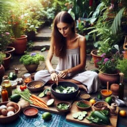 Heimisches Superfood Ernährung mit Ayurveda frau bereitet Gemüse zu
