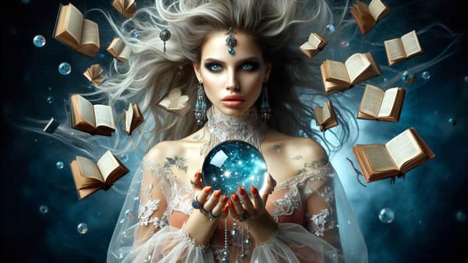 Prophezeiung oder Propaganda Frau hält Kugel umgeben von Büchern