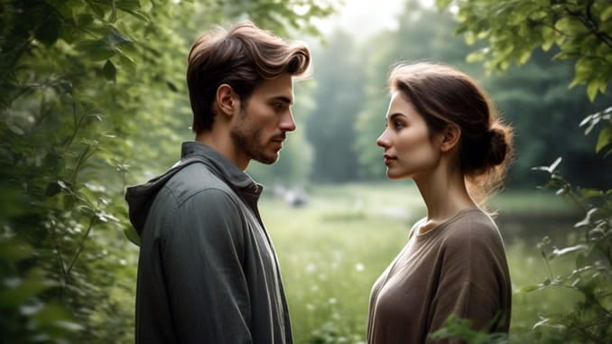 Telepathie zwischen Dualseelen Zwei Menschen blicken sich tief in die Augen