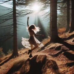 Eine Frau tanzt in der Natur und wirft dabei Schatten