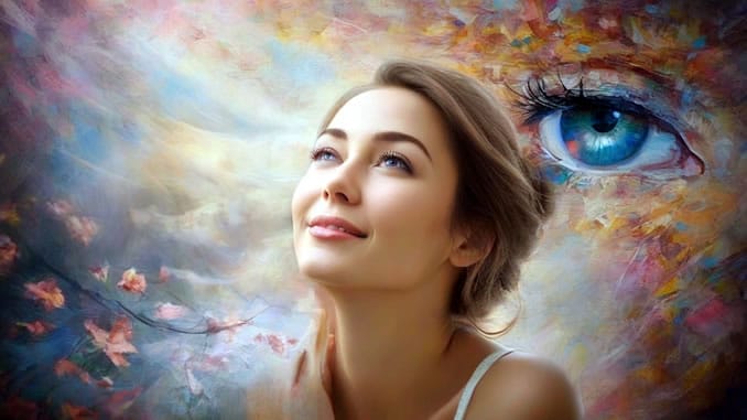 Geheimnis deines Glücks Frau träumt mit offenen Augen