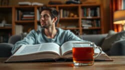 Gefühl und Verstand Mann sinniert über Kritik nach bei einer Tasse Tee