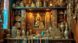 Reliquien und Spiritualität Schreine, Schmuck und Kleidung in buntem Schrein, heilig leuchtend im Stil byzantinischer Kunst