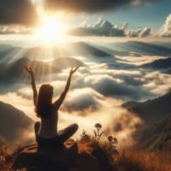 Lektionen für das 21. Jahrhundert Frau auf einem Berg die die Arme der Sonne entgegenstreckt