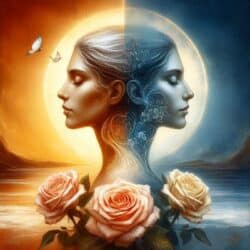 Erschaffen unseres Lebens Frauengesichter vor Mond mit drei Rosen