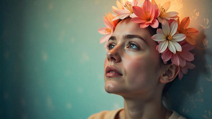 Weg zur wahren Identität am Beispiel einer Frau mit einem Blumenkranz