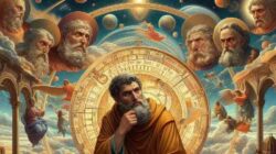 Schöpferwesen gruebelnder mann vor buechern der über Menschen in unterschiedlichen dimensionen nachdenkt