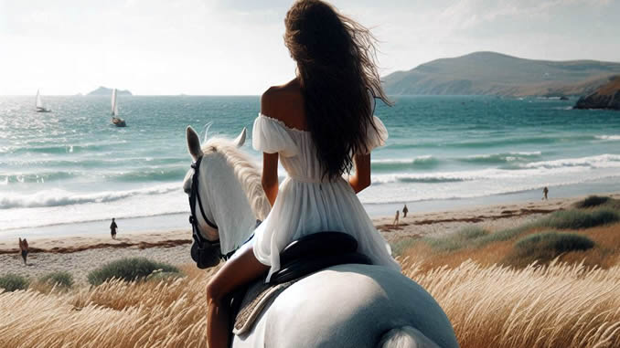 Frau reitet einen Schimmel am Meer