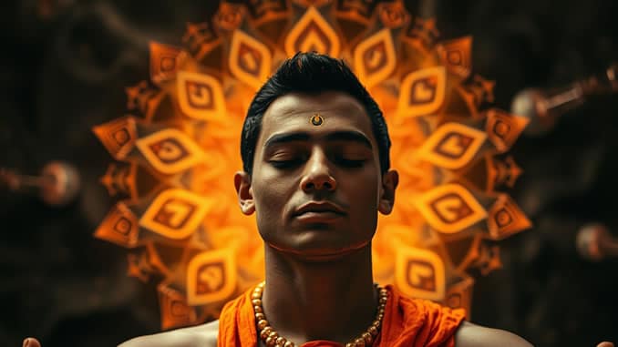 Mann mir Ayurvedasymbolen im Hintergrund