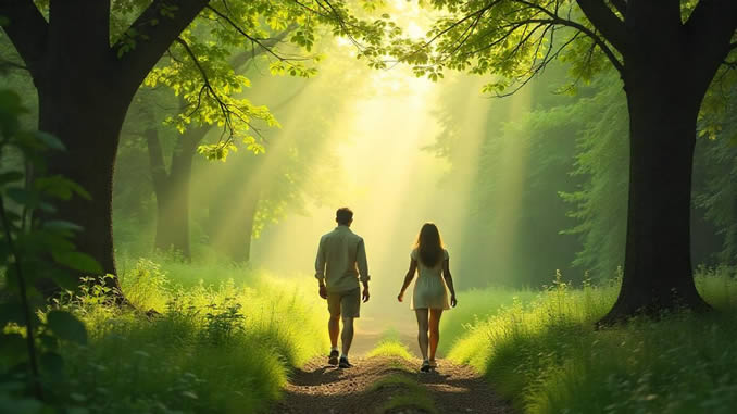 ein Paar geht achtsam durch den Wald