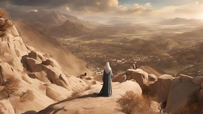 Ordensfrau die ueber ein Tal blickt