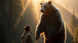 Krafttier Bär schützt einen Menschen