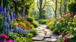 Adam und Eva Zaubergarten mit Blumen und Steinweg