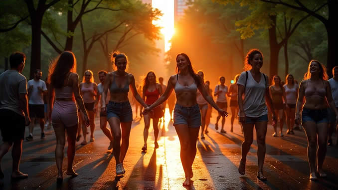 Menschen tanzen im Regen auf der Straße