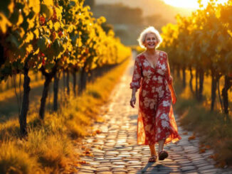 Weg der Freude einer Frau in den Weinbergen