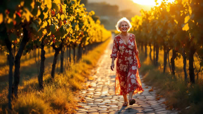 Weg der Freude einer Frau in den Weinbergen