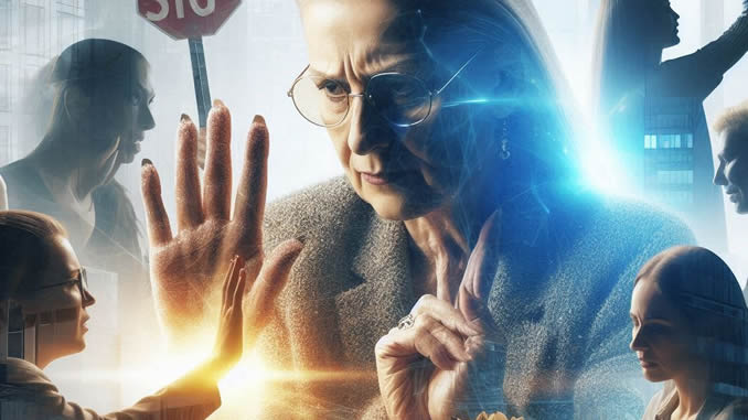 eine Frau hebt verneinend die Hand