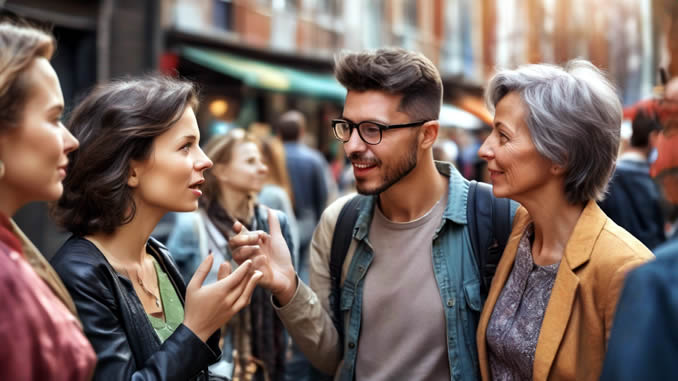 Menschen diskutieren lebhaft und zugewandt