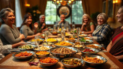 Gäste um einen Tisch mit gesundem Essen