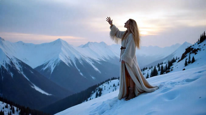 Ur-Religiosität einer Frau im Schnee