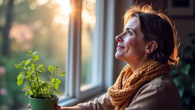 eine Frau sitzt am Fenster und lächelt