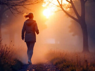 eine Frau sieht durch den Nebel die Sonne