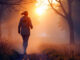 eine Frau sieht durch den Nebel die Sonne