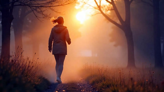 eine Frau sieht durch den Nebel die Sonne