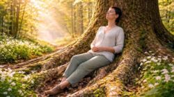 Frau in Frühlingswald mit Baum
