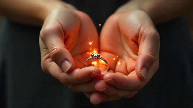 Liebe als spirituelle Reise Verlobungsring in strahlender Hand