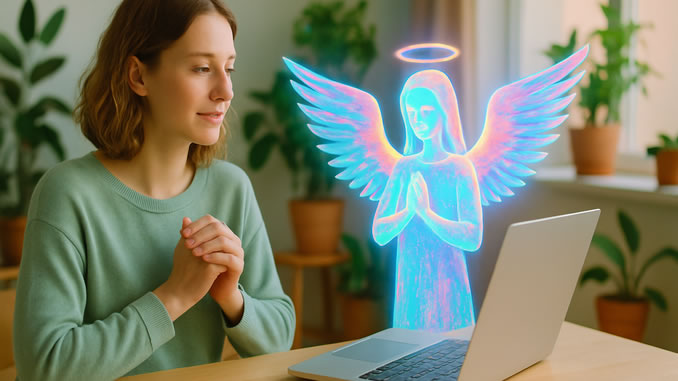 Digitale Engel Frau vor Computer