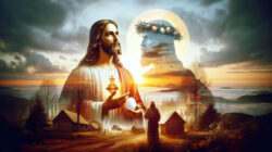 Inquisition und Glaube Collage mit Jesus und Hintergrund