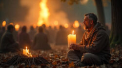 Verrat und Verlust - ein Mann sitzt abseits im Wald und hält eine Kerze